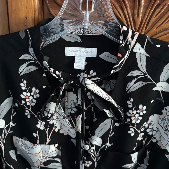 Charter Club Black Floral Silky Flutter Sleeve Tie Neck Blouse - Picture 6 of 6